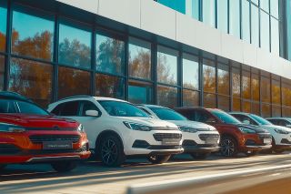 Foto: Autos parken vor einem Bürogebäude